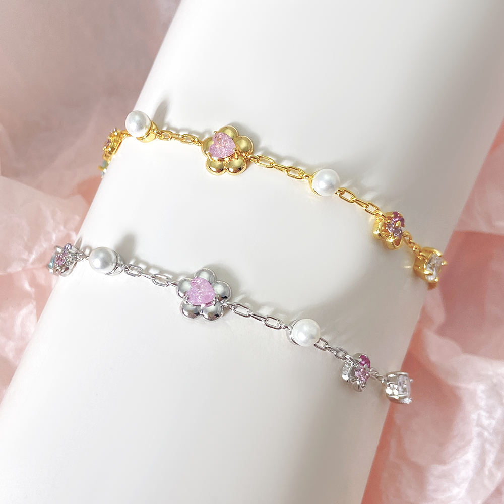 Pulsera de cadena de perlas y circonitas de cristal