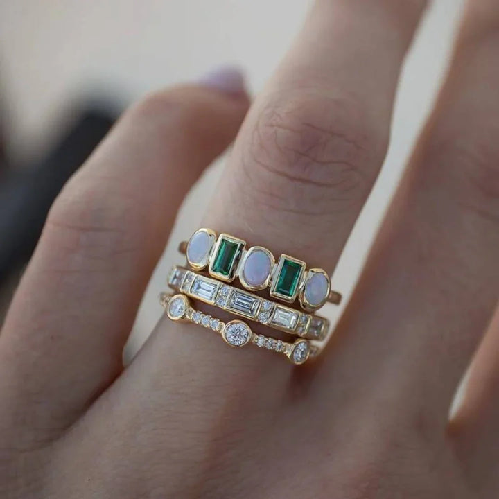 Vintage Green & White Opal Ring Set