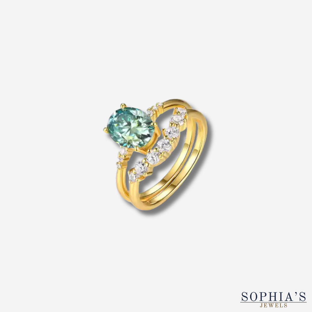 Green Moissanite Gold Plated Ring Set