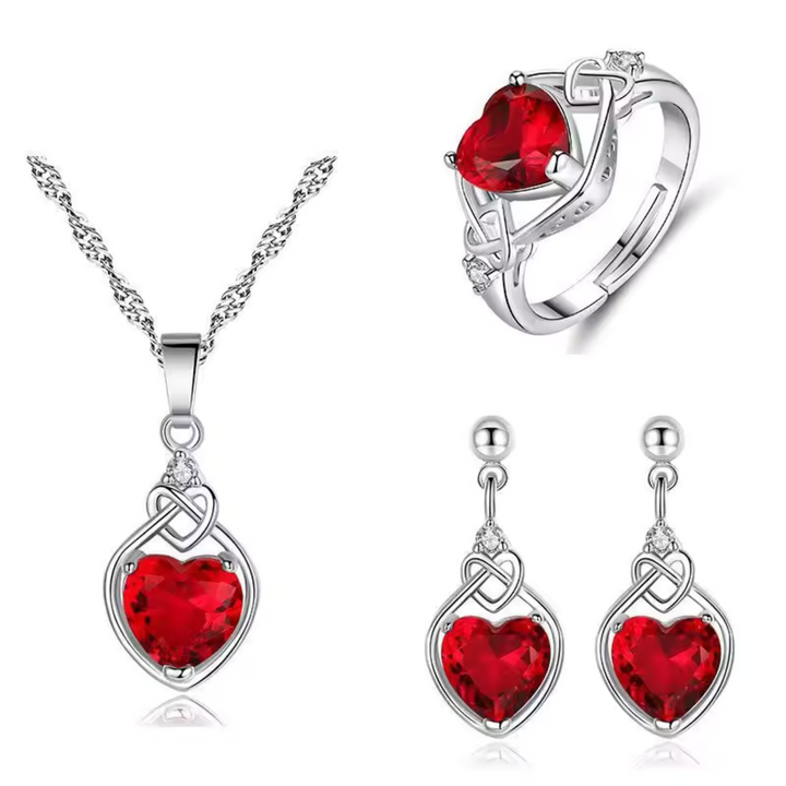 Conjunto de joyas de corazón de circonita roja