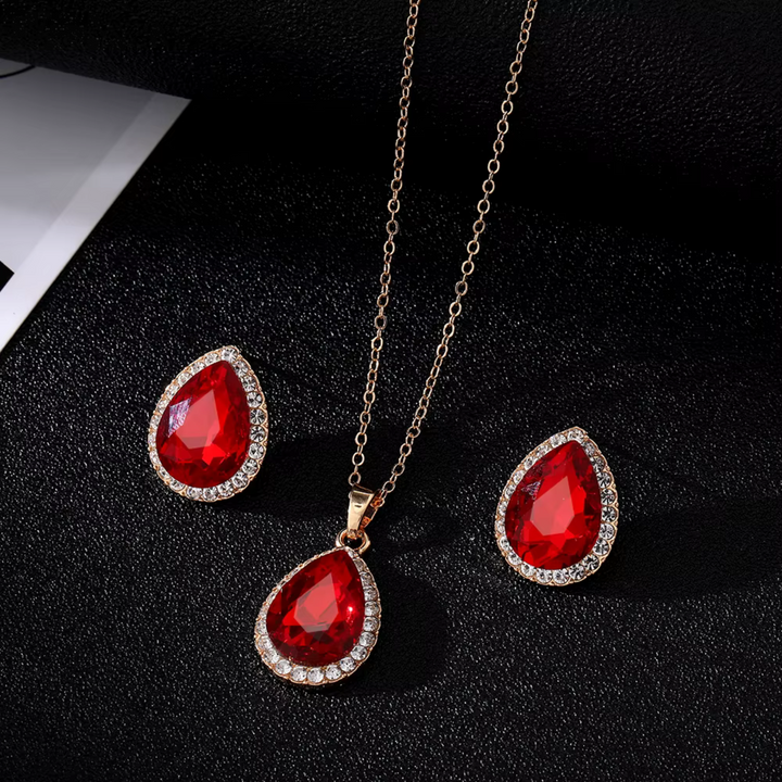 Conjunto de joyas con gotas de agua de circonita roja retro