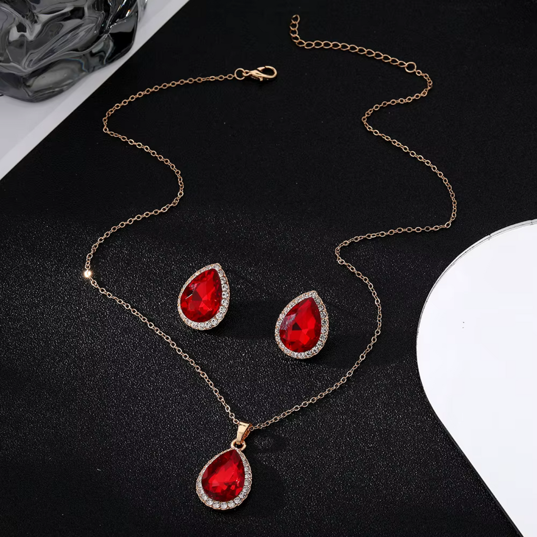 Conjunto de joyas con gotas de agua de circonita roja retro