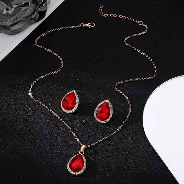 Conjunto de joyas con gotas de agua de circonita roja retro